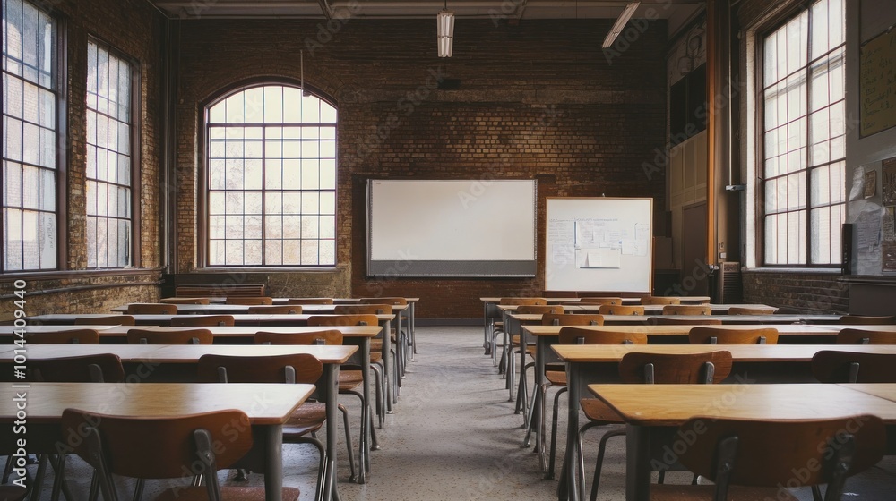 Poster A spacious classroom with rows of desks, large windows, and whiteboards for learning.