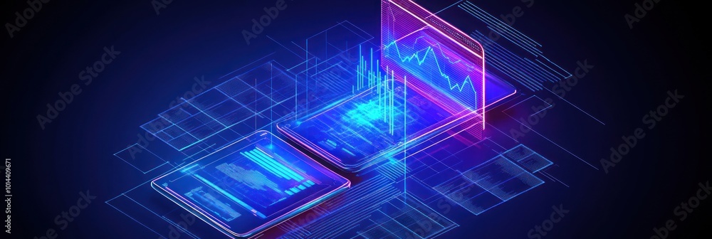 Poster digital devices displaying data visualizations and analytics in a futuristic design.