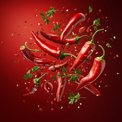 Many red peppers and parsleys are flying around On a red gradient background