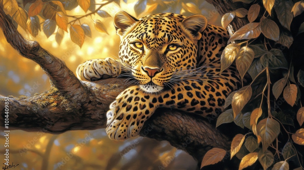 Poster A majestic leopard rests on a tree branch, surrounded by golden leaves in a serene setting.