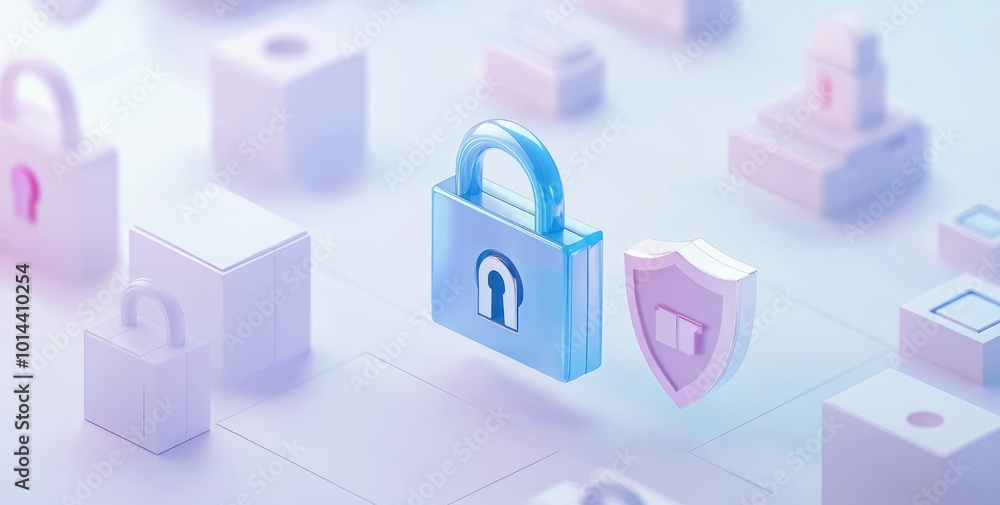 Aufkleber digital security concept with padlock and shield amidst abstract blocks.