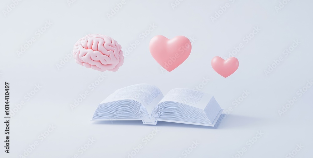 Poster an open book with a brain and hearts, symbolizing knowledge and emotion.