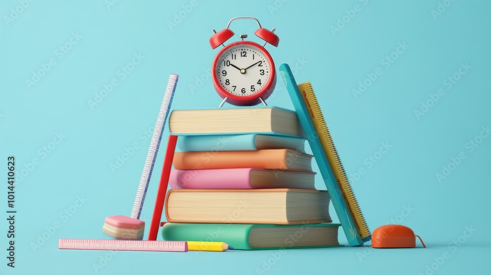 Poster a stack of colorful books with an alarm clock and stationery items, symbolizing study and time manag