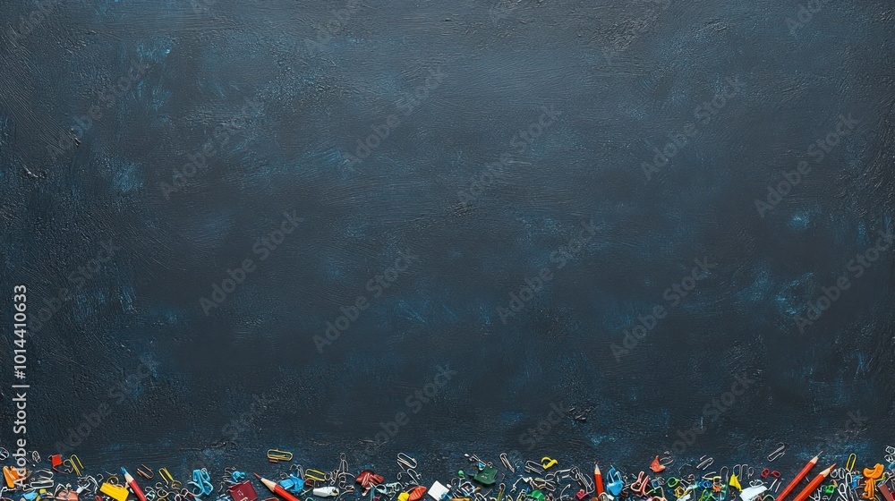 Aufkleber a dark background with a colorful array of small objects at the bottom, suggesting clutter.