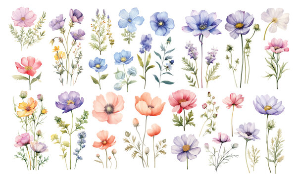 Watercolor wild flowers hand drawn floral illustration set on white background