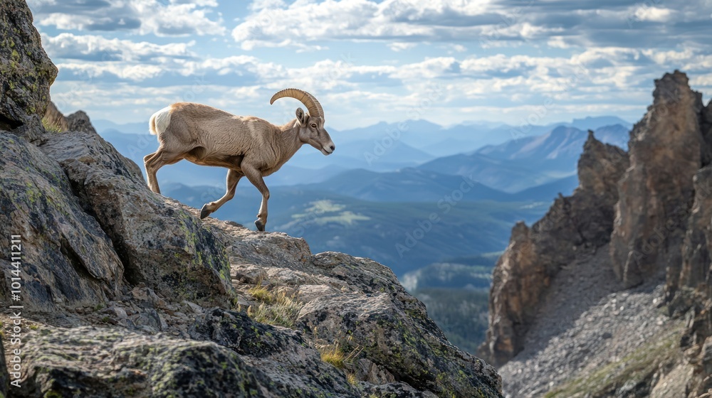 Poster A mountain goat traverses rocky terrain with a scenic backdrop of mountains and clouds.