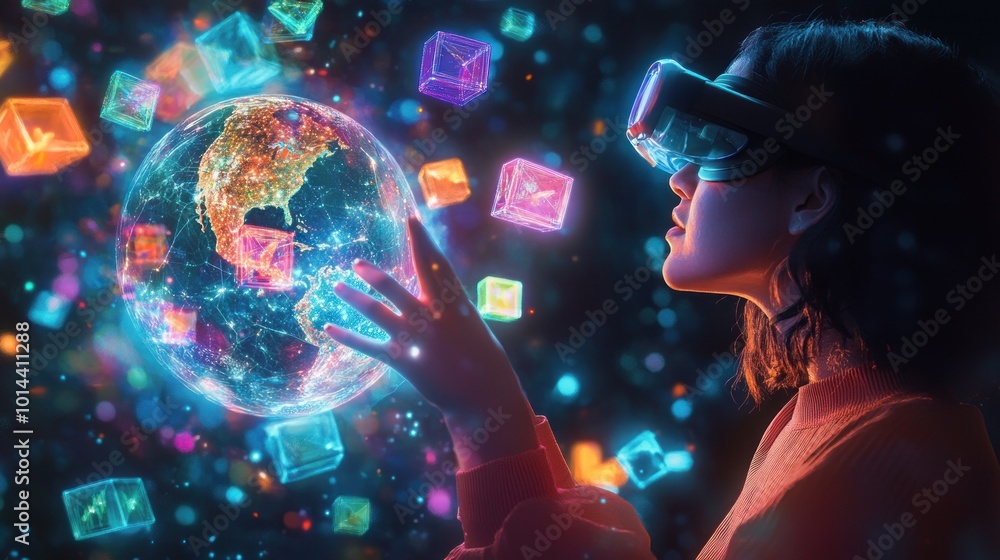 Poster a person wearing vr goggles interacts with a digital globe and colorful data cubes.