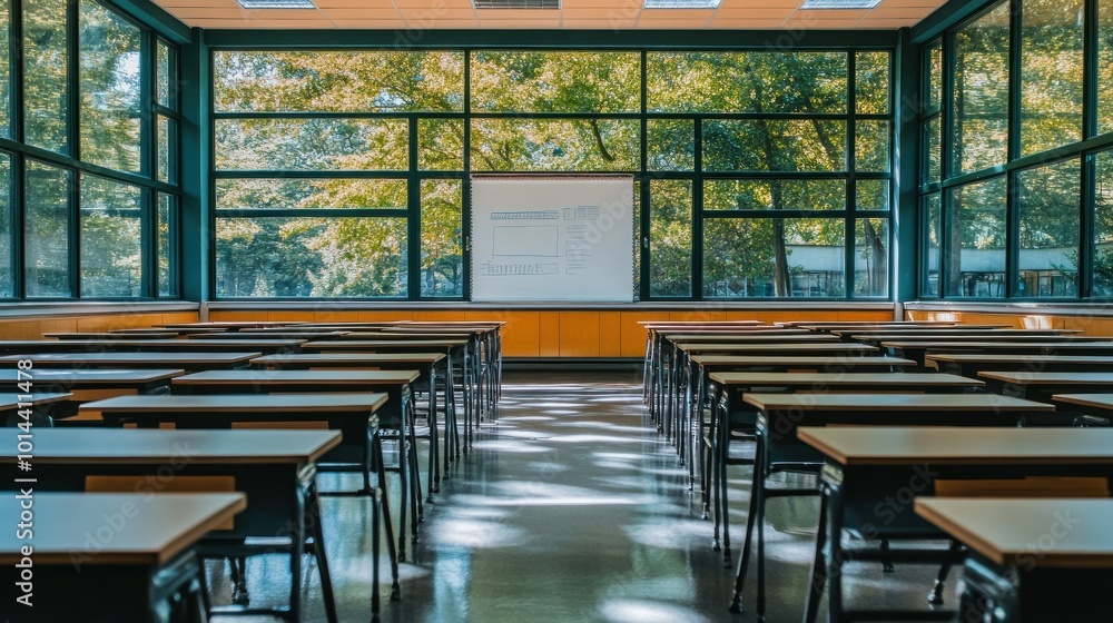 Poster a bright classroom with desks arranged for learning, featuring large windows and a projector screen.
