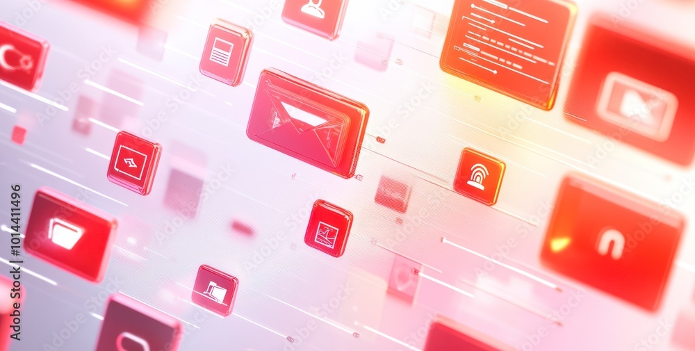 Aufkleber digital interface featuring various communication and media icons in red tones.