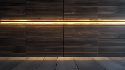 Modern Dark Wood Panel with Elegant Linear Lighting and copy-space
