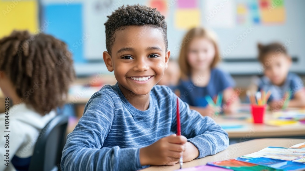 Poster A young boy smiles while painting in a classroom with classmates engaged in art activities.