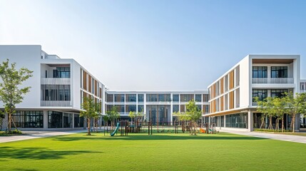 Fototapeta premium Modern educational building with a playground and green space.