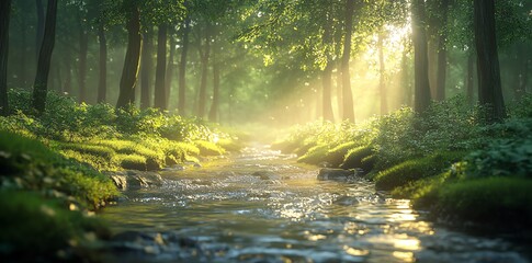 Fototapeta premium A tranquil forest stream, illuminated by golden sunlight filtering through the lush canopy.