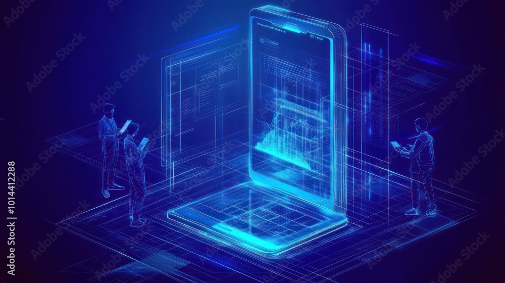 Aufkleber a digital representation of a smartphone with data visualization and users interacting.
