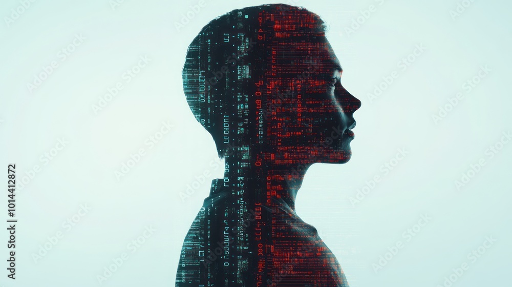Poster a silhouette of a child overlaid with digital binary code, symbolizing technology and youth.