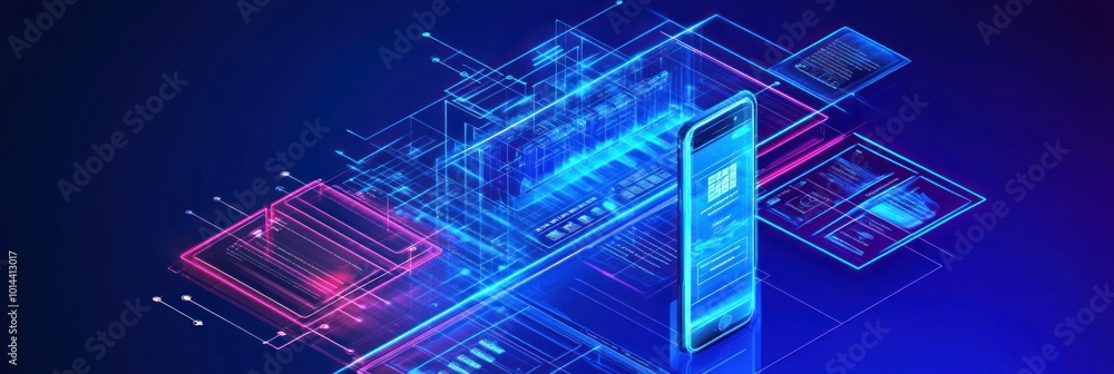 Poster a digital representation of a smartphone surrounded by data and technology elements.