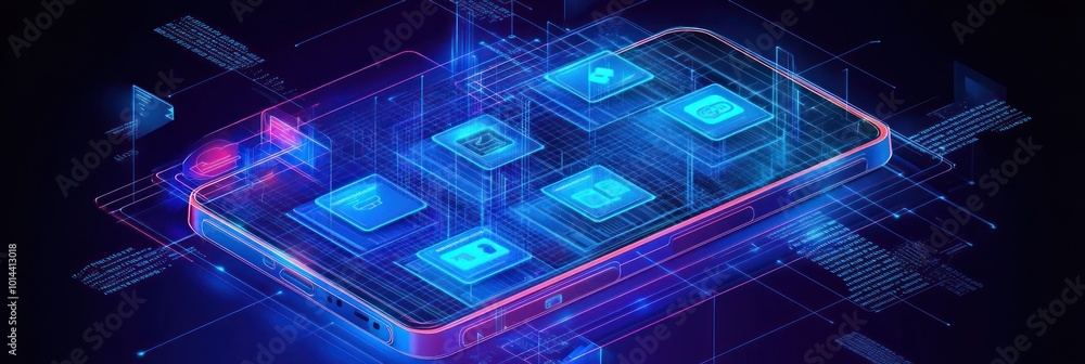 Poster abstract representation of a smartphone with digital elements and data connections.