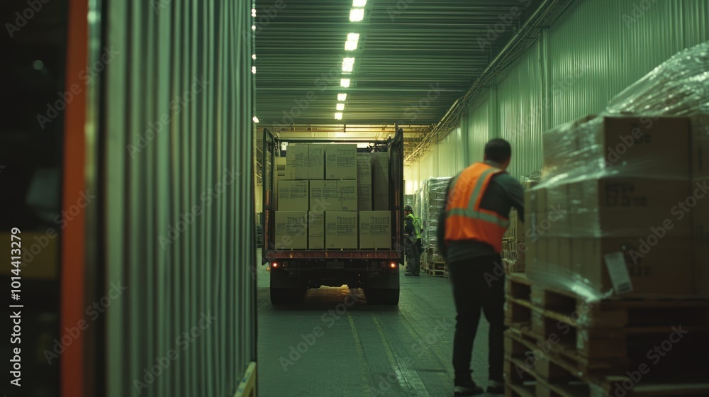 Poster a warehouse scene with a truck unloading boxes and a worker organizing pallets.