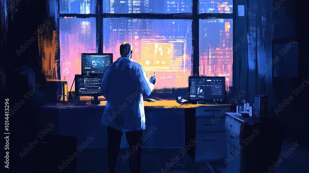 Poster a scientist observes data on multiple screens in a futuristic, dimly lit room.