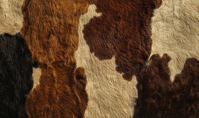 Cowhide with black, brown, and white patches.