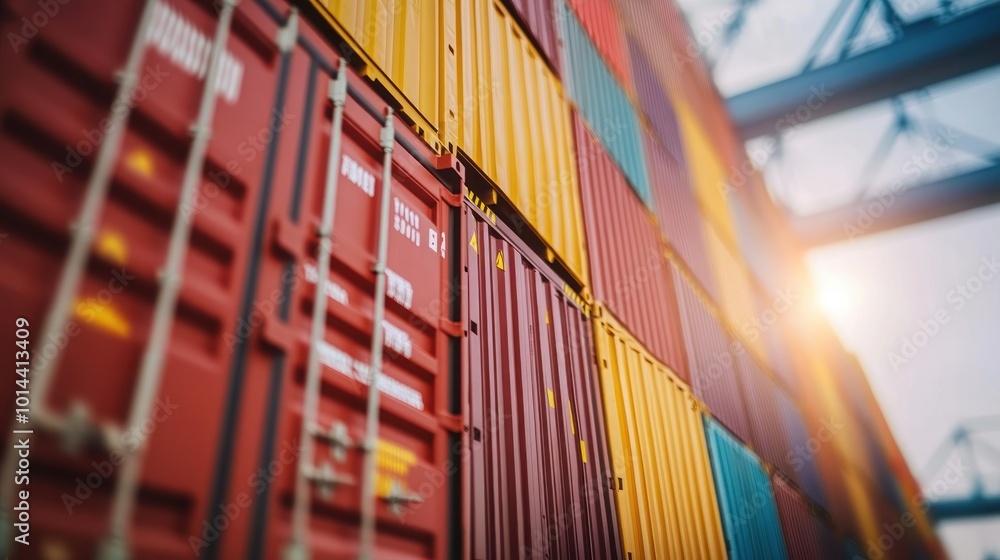 Poster a vibrant array of shipping containers stacked at a port, showcasing industrial logistics.