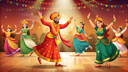 Fototapeta premium Cultural dance background, vibrant and energetic, featuring performers in traditional attire dancing joyfully, celebrating Dussehra traditions