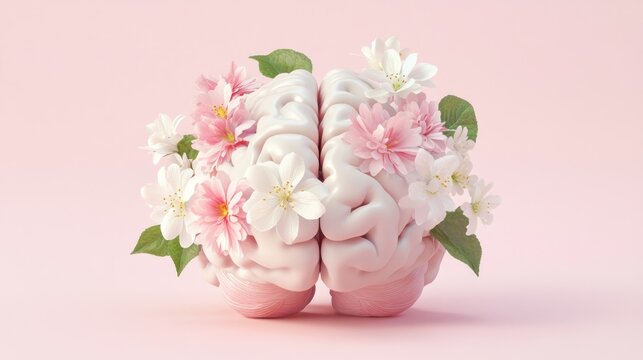 A brain surrounded by pink and white flowers, symbolizing creativity and mental wellness.