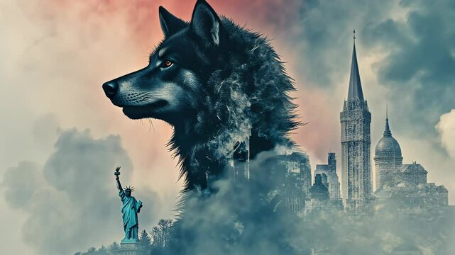 A wolf silhouette with a cityscape overlaid stands against a cloudy sky, with the Statue of Liberty in the foreground