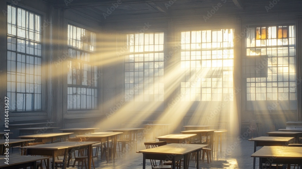 Poster a sunlit classroom with rays of light illuminating empty desks and chairs.