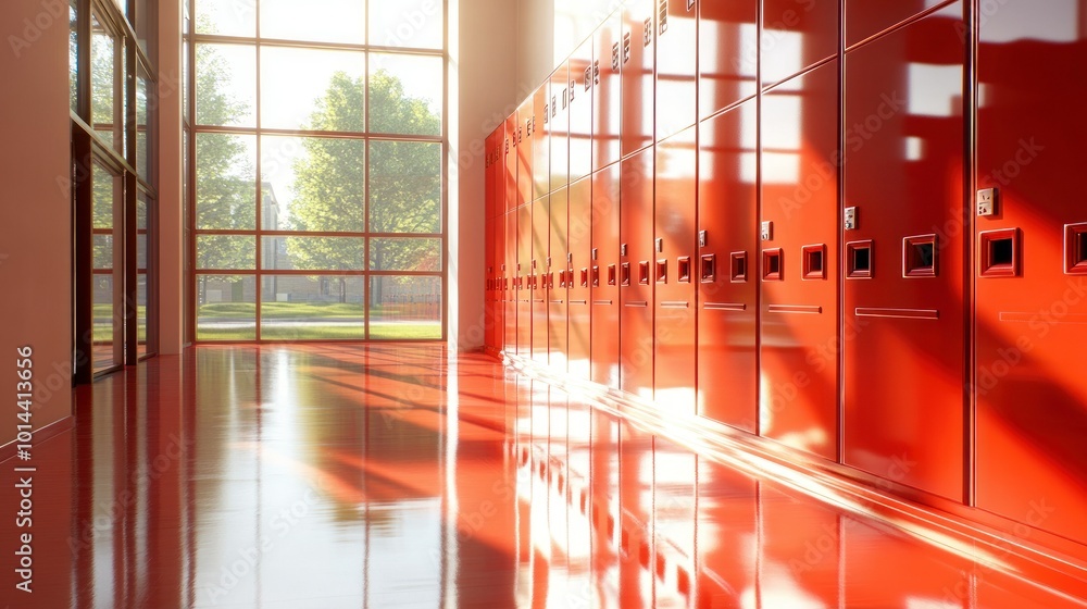 Canvas Prints A bright school hallway featuring red lockers and large windows, creating a vibrant atmosphere.