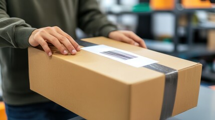 A person holding a cardboard package with a barcode label in a storage environment.