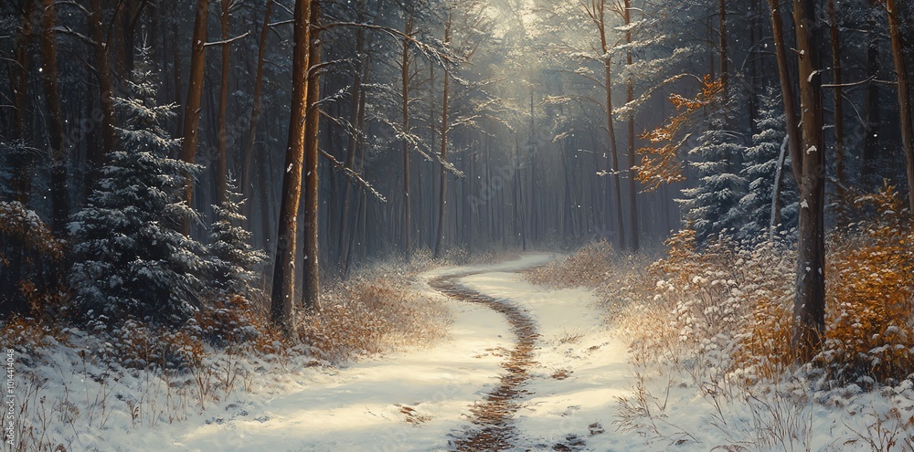 Poster a winding path through a snowy forest, sunlight shining through the trees.