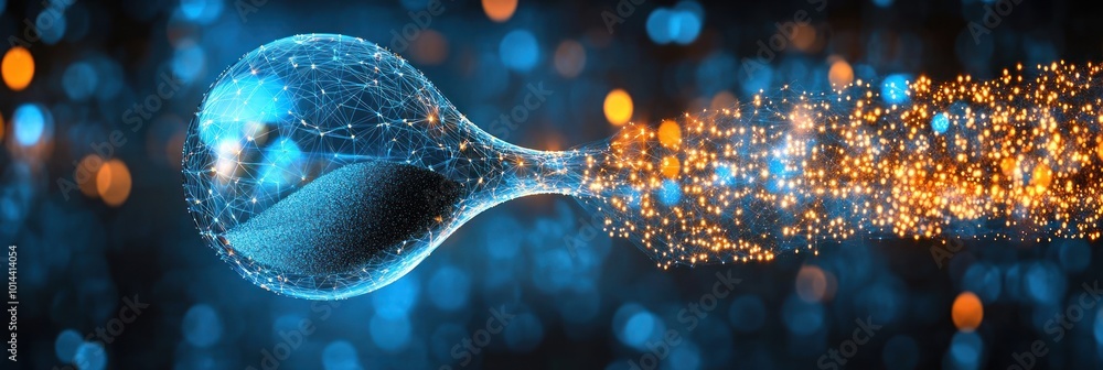 Poster a digital representation of a sperm cell with sparkling particles and a cosmic background.