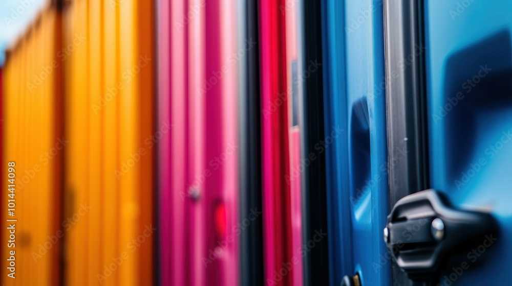 Poster a close-up of colorful shipping containers arranged in a row.