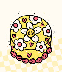Groovy Retro Cake yellow with smile face daisy flower Doodle Pastel Bold Line Festive Design idea for greeting card