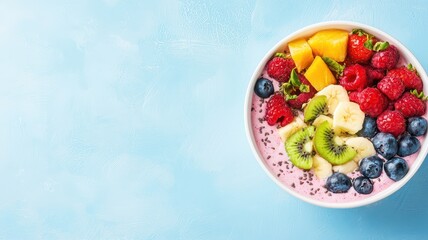 A vibrant bowl of yogurt topped with fresh fruits including raspberries, blueberries, mango, and kiwi, on a soft blue background.