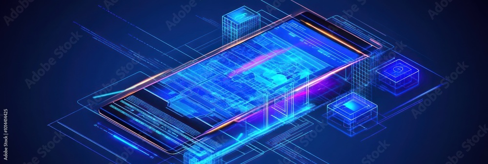 Poster a digital illustration of a smartphone with futuristic data elements and a tech-inspired background.