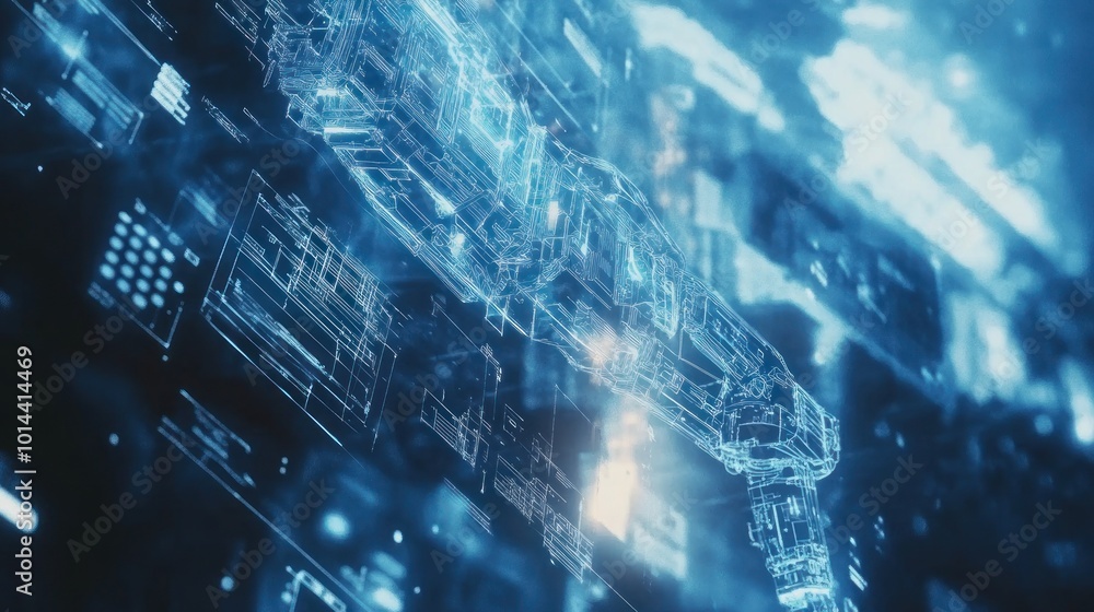 Poster futuristic digital interface displaying holographic technology concepts.