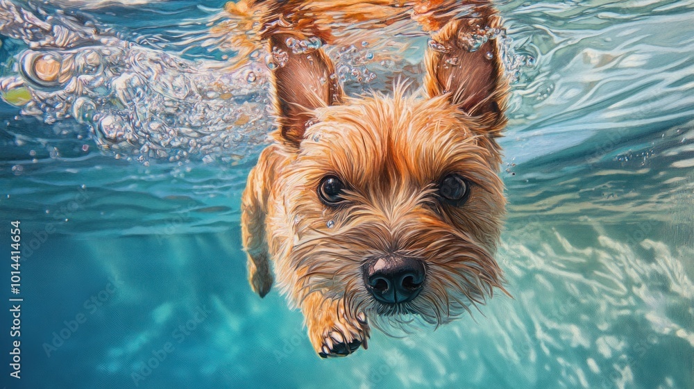 Wall mural A dog swimming underwater, capturing a joyful moment in a vibrant aquatic setting.