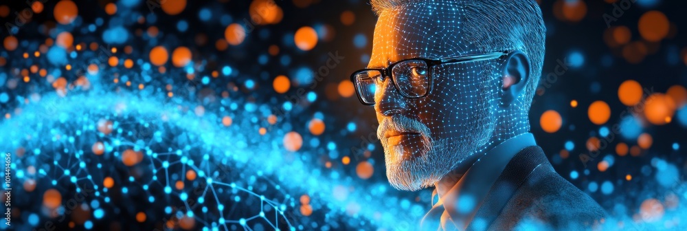 Poster a futuristic representation of a scientist surrounded by digital elements and data visualization.