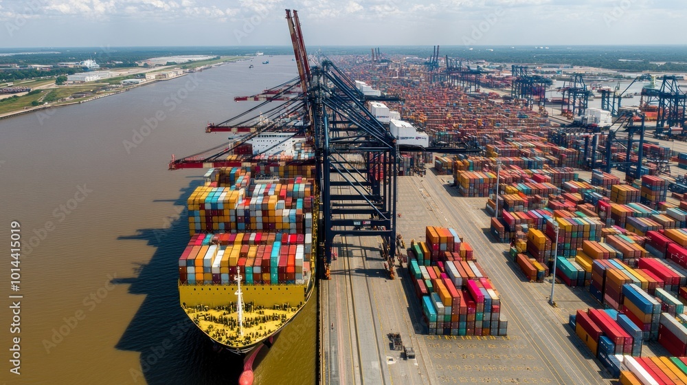 Poster aerial view of a busy shipping port with stacked containers and cranes.
