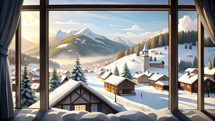 A village seeing by window of room which covered with snow.