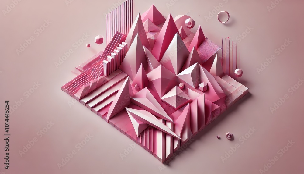 Aufkleber abstract 3d composition featuring pink geometric pyramids and layered structures in a futuristic, mi