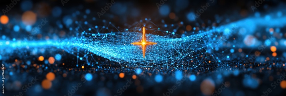 Poster abstract representation of digital connectivity with glowing particles and a central focus.