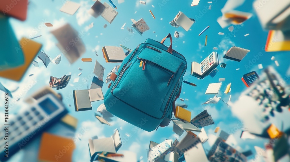 Sticker A backpack surrounded by floating school supplies against a bright blue sky.