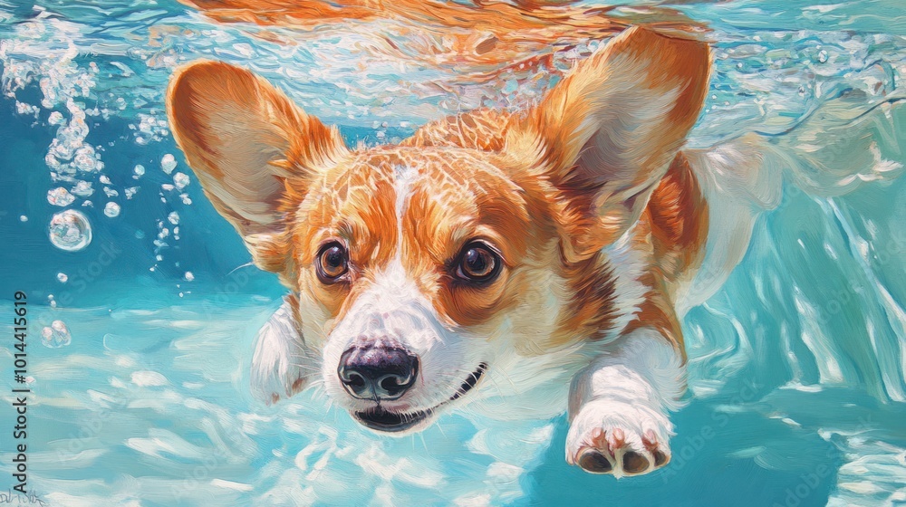 Poster A playful corgi swimming underwater, capturing a joyful moment in a vibrant blue pool.