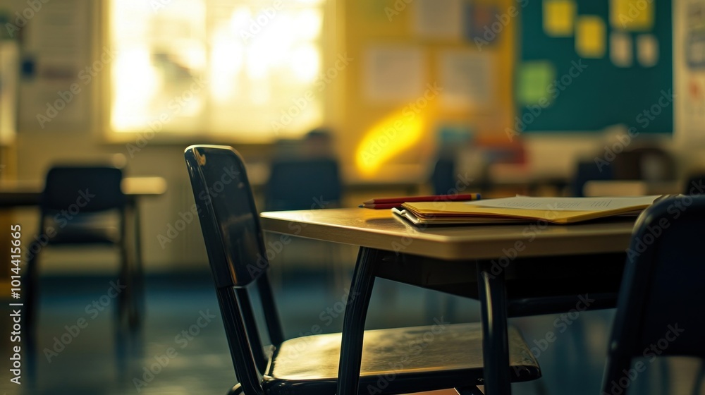 Poster a classroom setting with a desk, chair, and sunlight filtering through a window.