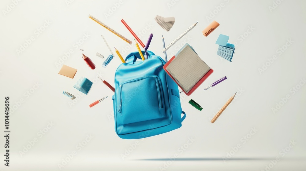 Poster A floating blue backpack surrounded by various school supplies, symbolizing education and learning.