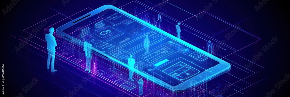 Poster a digital phone interface with holographic figures representing data interaction.