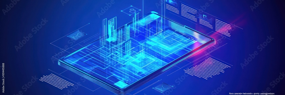 Poster a digital representation of a smartphone displaying a futuristic cityscape and data overlays.